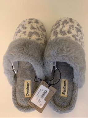 Dearfoams Gray Plush Clog Slippers with Faux Fur Trim Gray & White